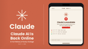 Claude AI blog banner showing the Claude asterisk logo and wordmark on a terracotta background with a phone mockup displaying an error screen, HTTP 500 badge, and outage timeline for the March 2026 global incident.