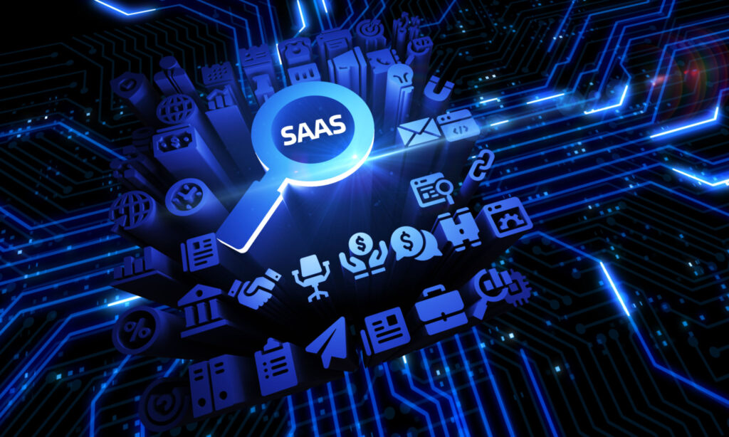Software as a Service SaaS. with Icons in blue theme